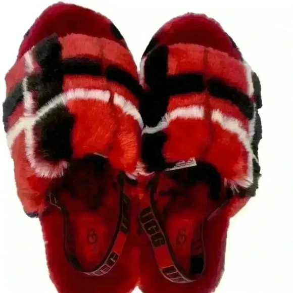 NEW UGG Fluff Yeah Slide Backstrap Slippers Plaid Punk Red Women’s Size 6 - Picture 3 of 7